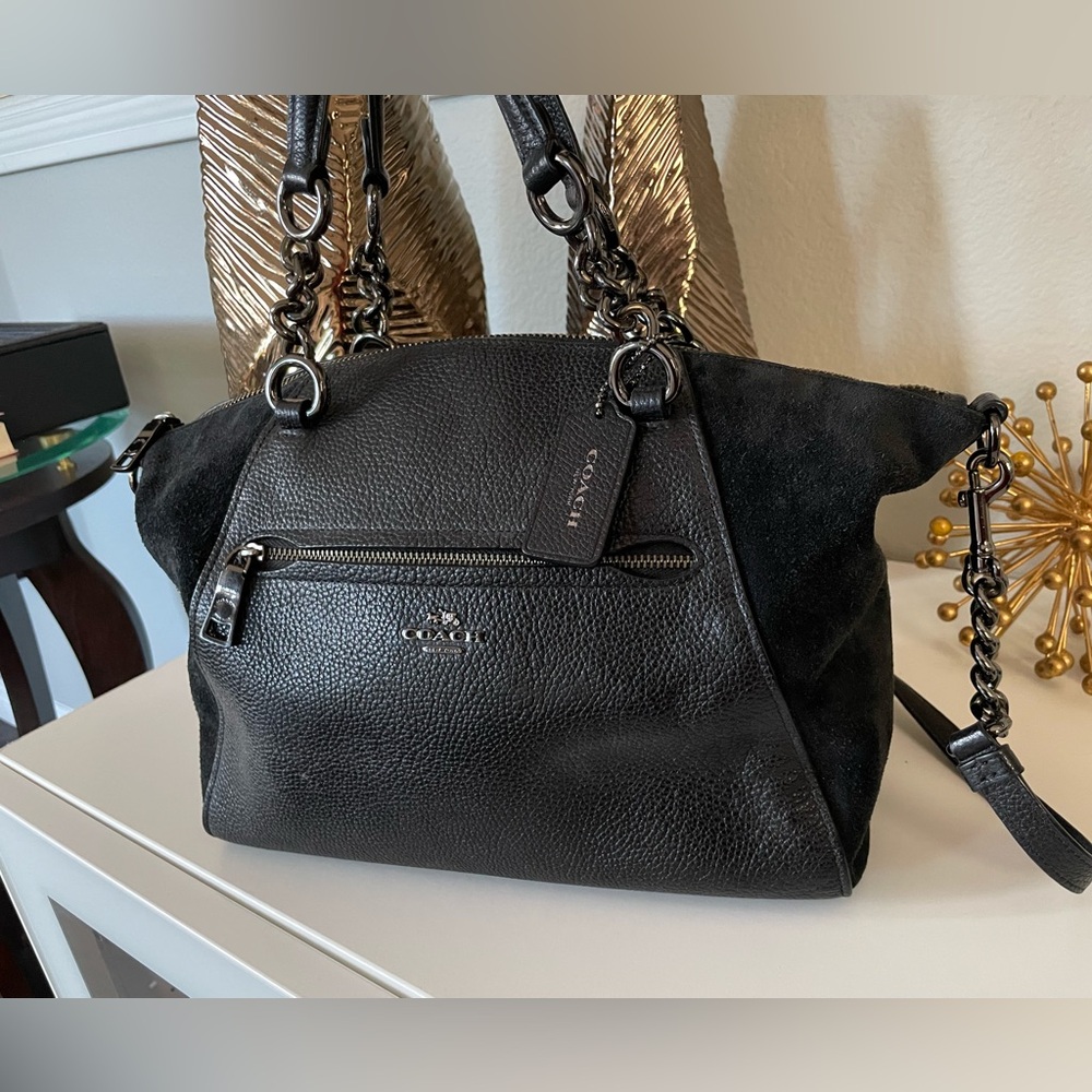 Coach Black Leather & Suede Chain-Handle Shoulder Bag